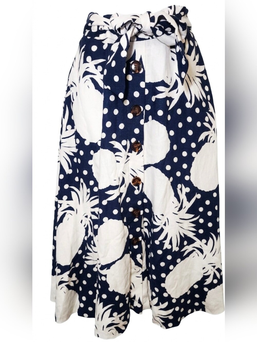 Ann Taylor Navy and White Pineapple Print Skater Skirt with Front Buttons